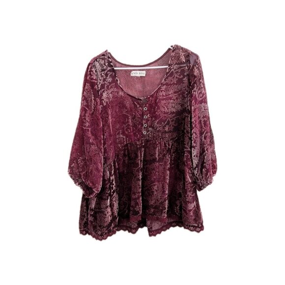 Knox Rose Tops - Knox Rose Velvet Burnout Top XL Burgundy Paisley Sheer Whimsigoth Boho Grunge